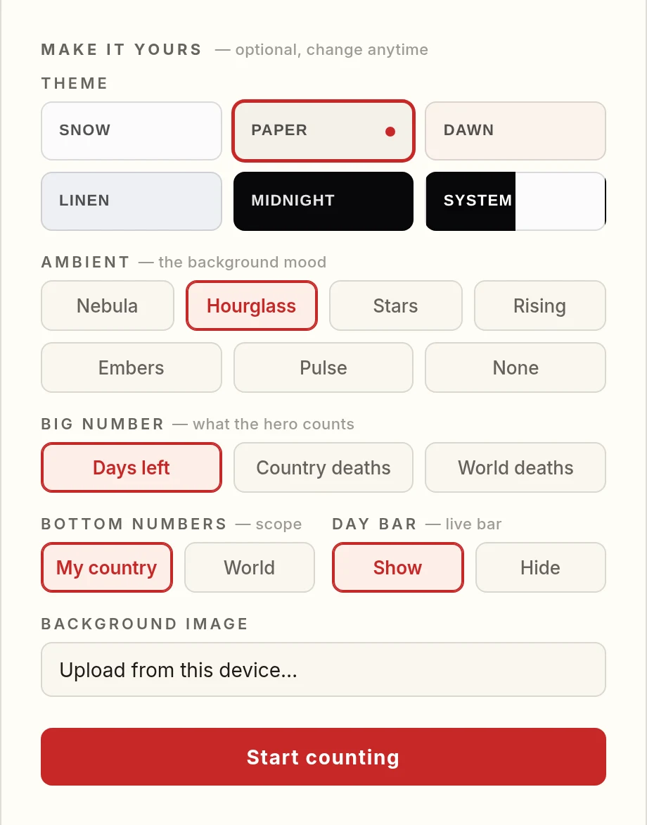 Memento's settings: theme swatches for Snow, Paper, Dawn, Linen, Midnight and System; ambient choices Nebula, Hourglass, Stars, Rising, Embers, Pulse and None; big number, bottom numbers and day bar options; background image upload.